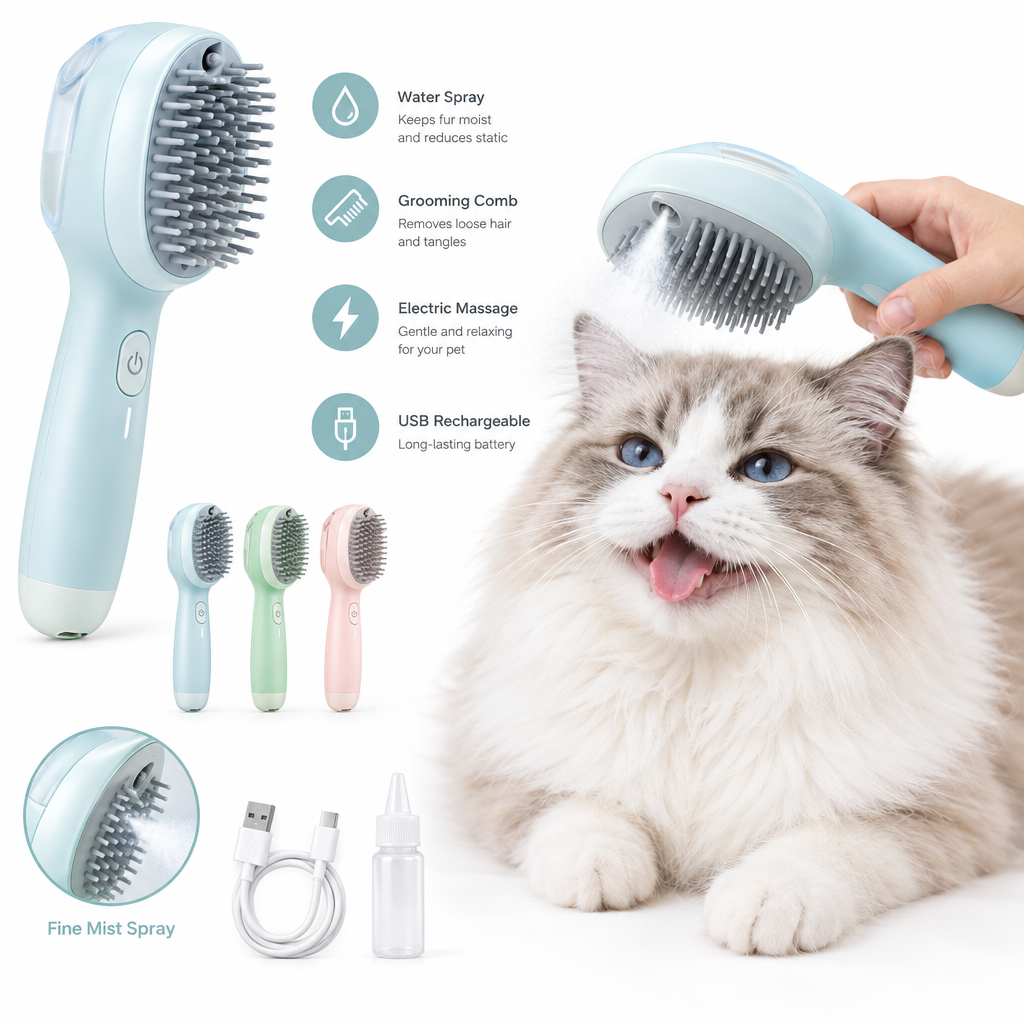 Electric Cat Steam Brush – 3-In-1 Pet Grooming Comb with Water Spray for Cats and Dogs, USB Rechargeable